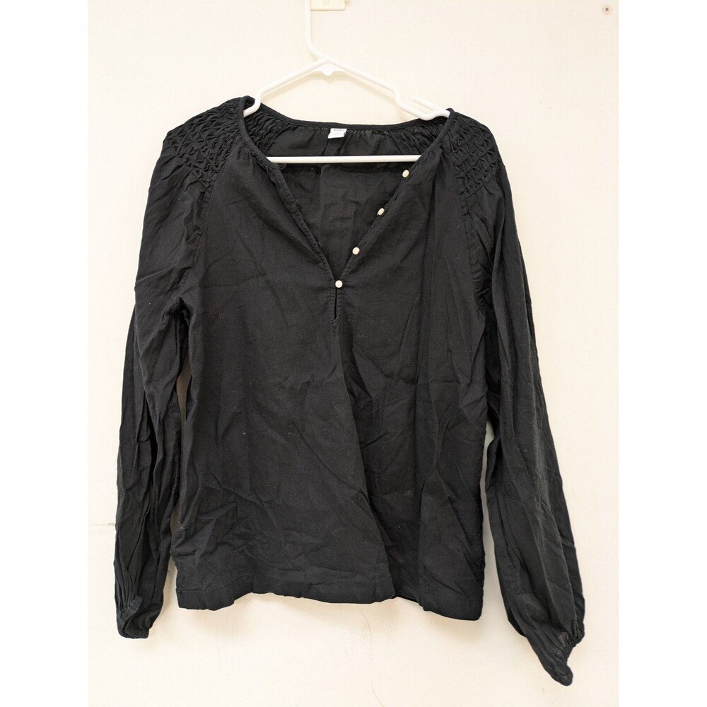 Old Navy Small Tall Black Ruffle Split-Neck Long Sleeve Rayon Knit Blouse Top